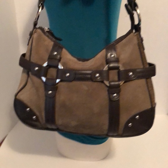 Wilsons Suede Leather Shoulder Handbag Brown Green - Picture 2 of 8